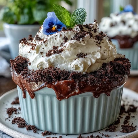 Mother's Day Flower Pot Brownies topped with Oreo dirt and edible flowers.