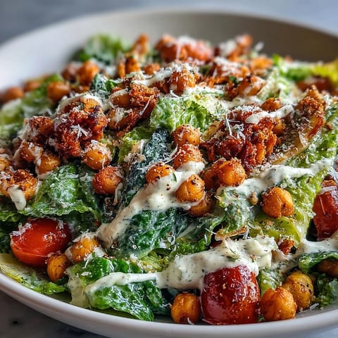 A satisfying vegan Caesar salad bowl topped with golden chickpea croutons.
