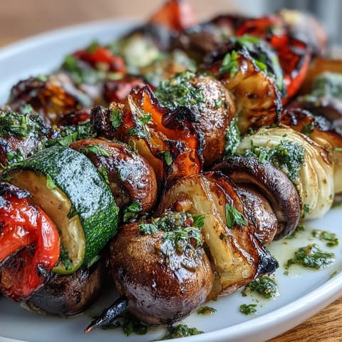 Vibrant grilled veggie kabobs with zesty chimichurri sauce, perfect for summer grilling.