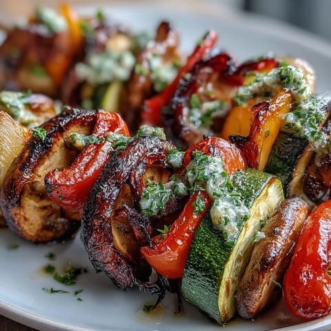 Enjoy colorful, smoky grilled vegetable kabobs with this fresh, herb-packed chimichurri sauce.