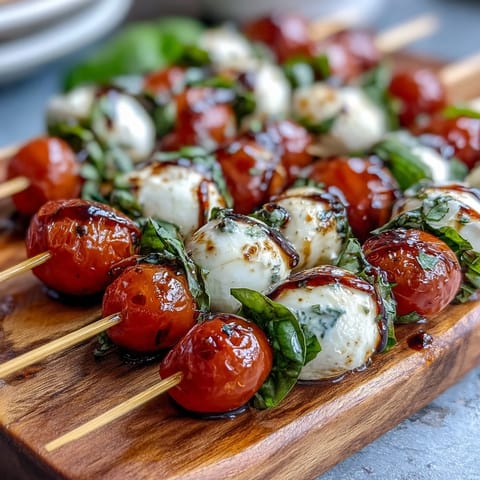 Caprese skewers appetizer, vibrant cherry tomatoes, mozzarella, basil, drizzled balsamic glaze.