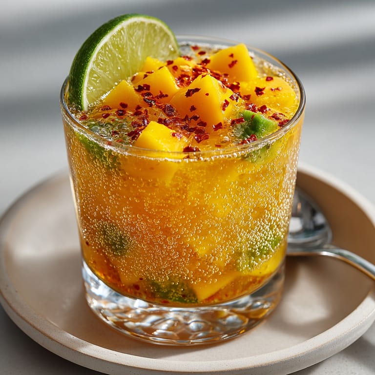 Vibrant Spicy Mango Ginger Fizz cocktail served over ice, topped with sparkling water and chili flakes.