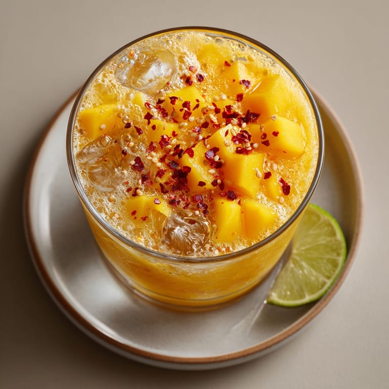 Refreshing Spicy Mango Ginger Fizz bursting with fresh mango, ginger zest, and a lime wedge garnish.