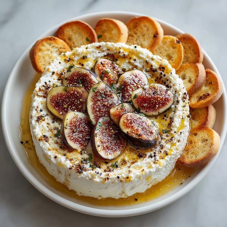Creamy roasted ricotta figs honey appetizer garnished with warm honey drizzle and toasted edges.