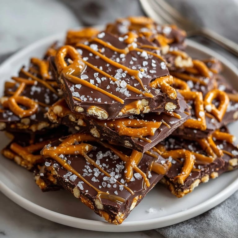 Close-up of Caramel Pretzel Chocolate Bark with glossy chocolate, chewy caramel, and crunchy pretzels.