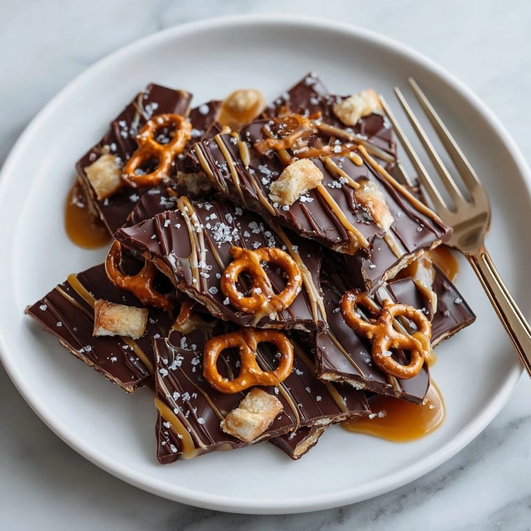 Caramel Pretzel Chocolate Bark served on a rustic tray, perfect for holiday dessert platters.