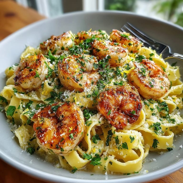 Steaming skillet of One-Pot Garlic Butter Shrimp pasta garnished with fresh parsley and lemon zest.