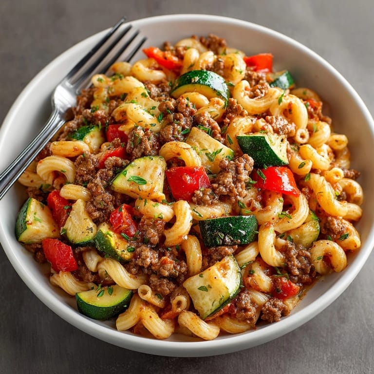 A bowl of Healthy Beef Pasta Veggies featuring whole wheat macaroni and vibrant roasted vegetables.