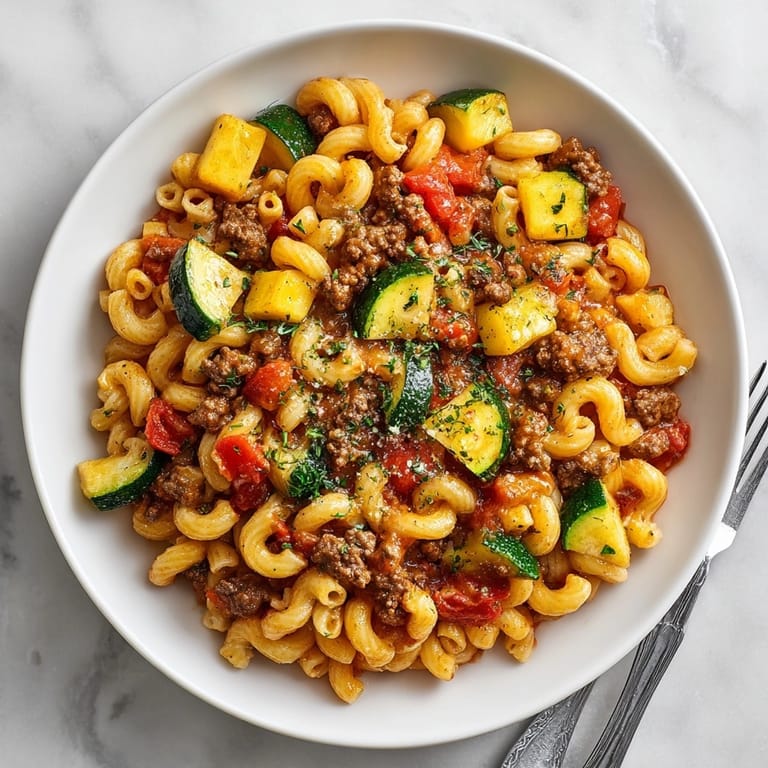 Close-up of Healthy Beef Pasta Veggies topped with herbs, perfect for a balanced, hearty dinner.