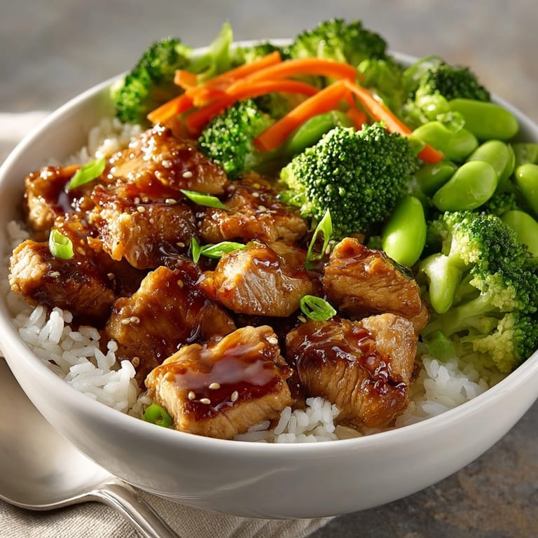 Close-up of colorful Teriyaki Chicken Rice Bowls served fresh with vibrant veggies and sticky sauce.