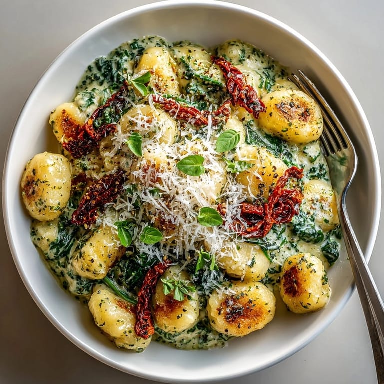 Closeup of one-pan creamy pesto gnocchi with colorful sun-dried tomatoes and silky pesto sauce.