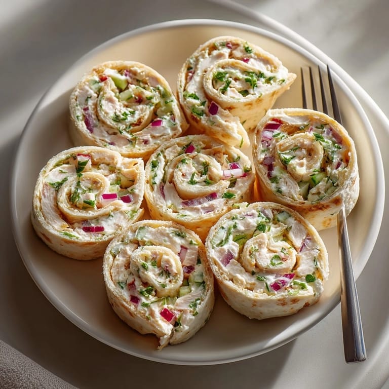 Freshly sliced dill pickle chicken pinwheel wraps with visible layers, ideal for a quick and savory bite.