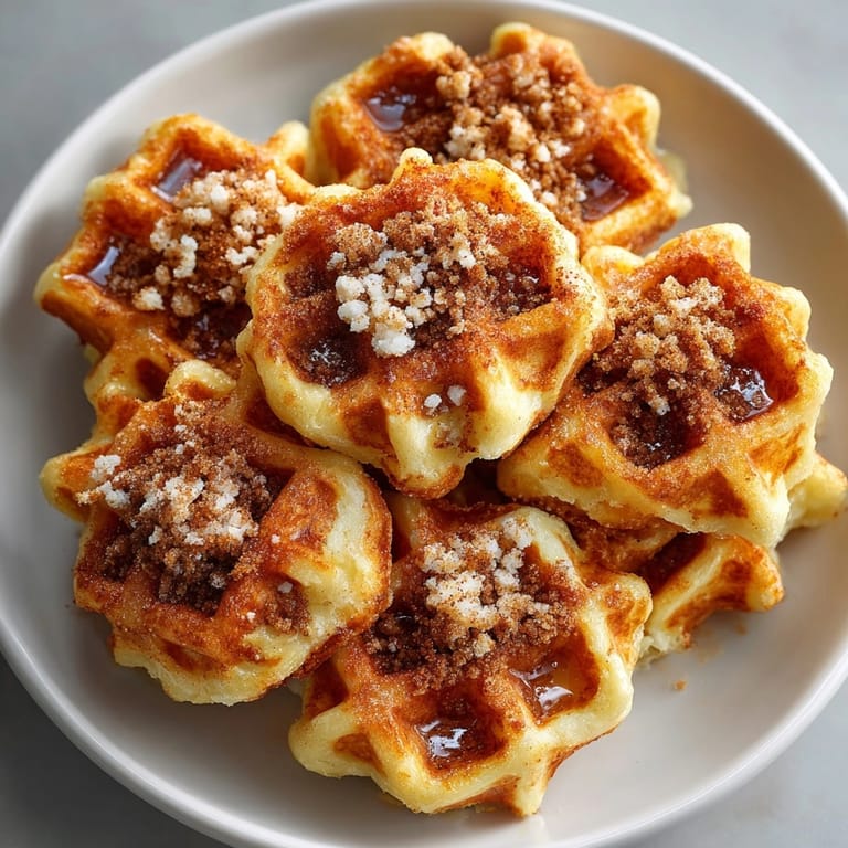 Close-up shot of delicious Cinnamon Waffle Chaos Bites, ideal breakfast treat with sugar crystals.