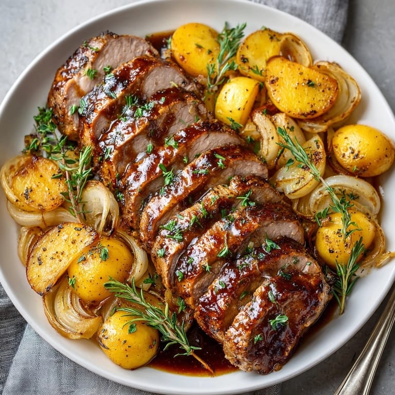 Savory Cream Soda Pork Tenderloin, showing a beautifully browned crust next to vibrant roasted apple slices.