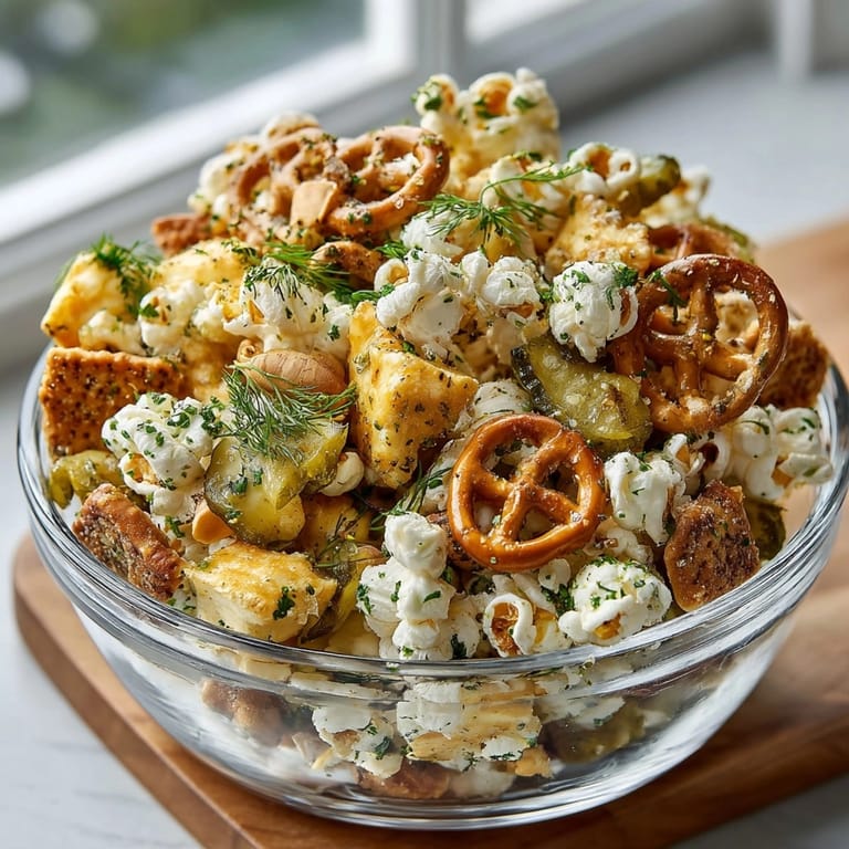 Savory and crunchy, this homemade Pickle-Fix Ranch Popcorn Crunch Mix is perfect for a party or movie night.