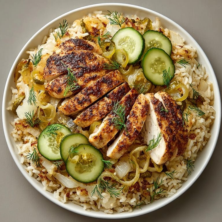 A close-up of flavorful skillet dill pickle chicken brightened with fresh herbs, ready to enjoy.