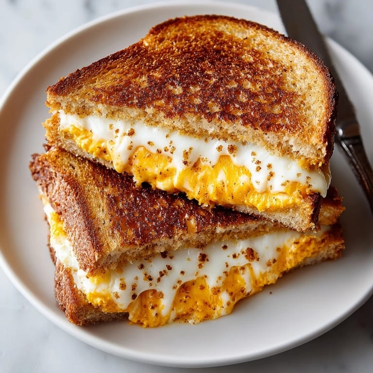 A close-up of a grilled Halloween Pumpkin Spice Grilled Cheese oozing with pumpkin spiced cheese for a comforting treat.