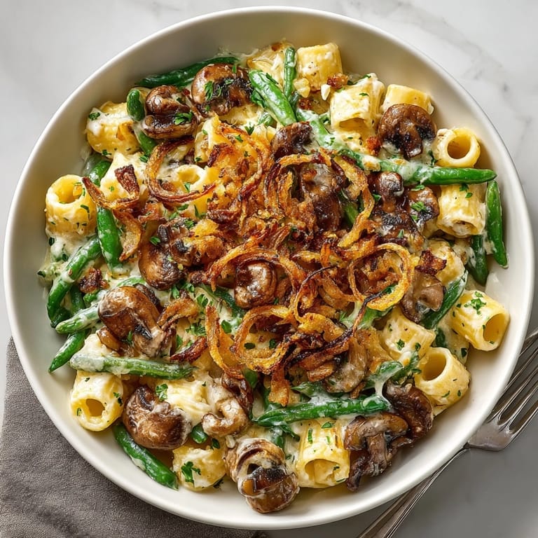 A warm serving of Thanksgiving Green Bean Casserole Pasta showing the baked, bubbling sauce and crispy topping.