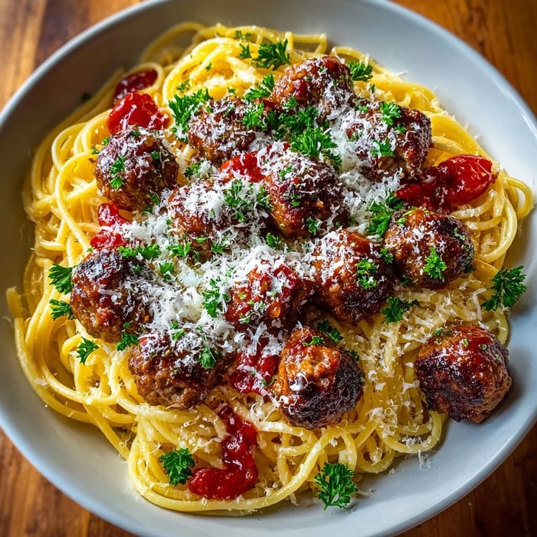 Close-up of Cherry Cola Glazed Meatball Pasta, showing the sauce coating each meatball and resting atop the pasta.