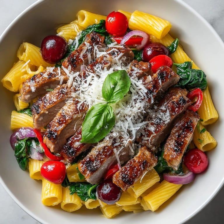 Close-up on the glistening cherry bourbon glazed pork pasta bowl, a savory combination of sweet and rich flavors.