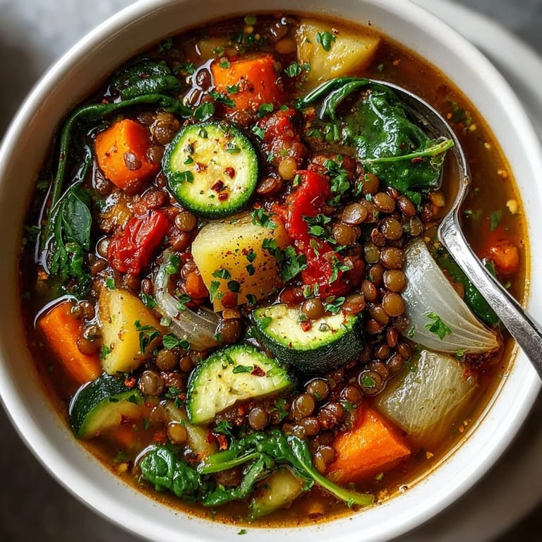 Close-up of a vibrant Lentil Vegetable Soup, garnished with parsley and ready to be enjoyed.