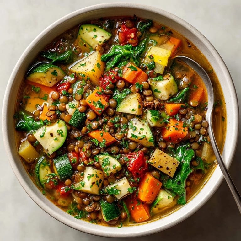 Warm spoonful of Lentil Vegetable Soup, with tender lentils and vegetables in a flavorful broth.
