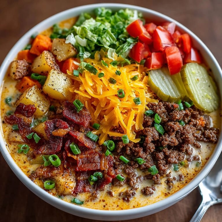 Spoonful of hearty Loaded Cheeseburger Soup, showcasing its chunky ingredients and flavorful broth beautifully.
