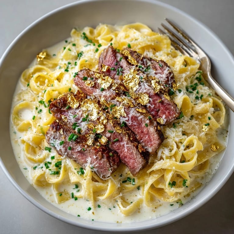 Dreamy close-up of Wagyu beef pasta, showing tender meat and gold leaf flakes for a delightful meal.