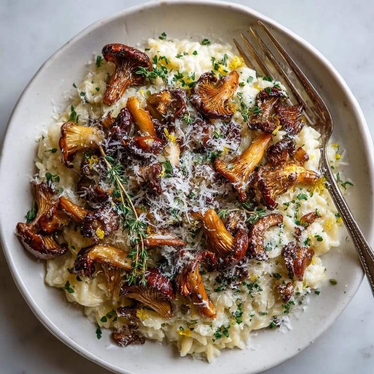 Golden wild mushrooms sit atop pasta in a delicious Wild Mushroom Risotto Pasta dish.