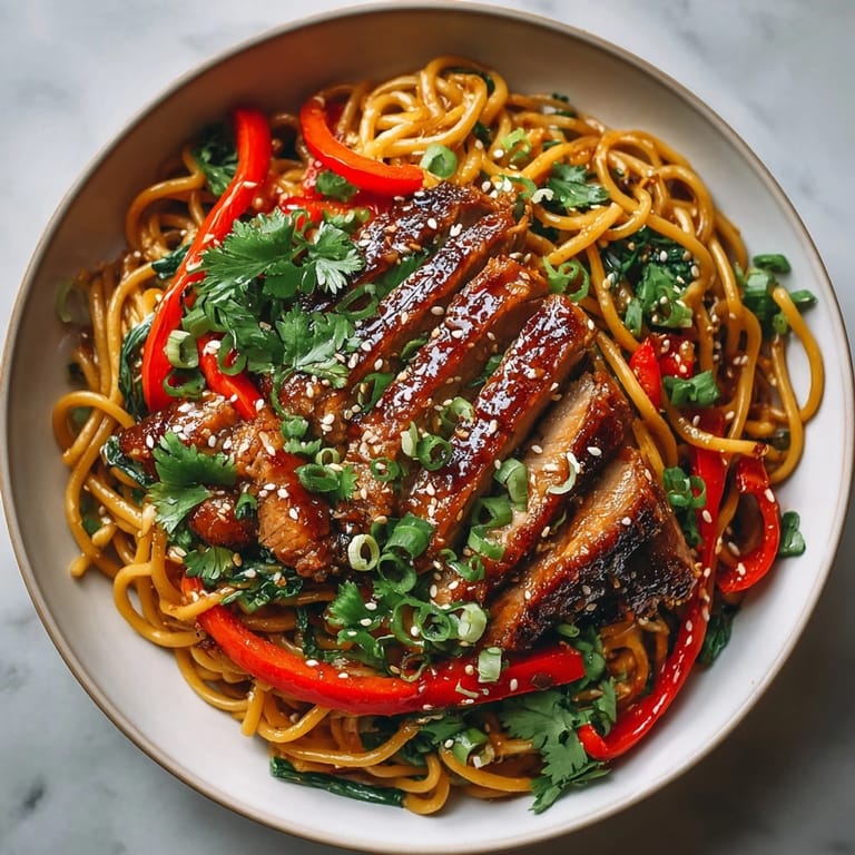 Imagine the delicious Plum Glazed Pork Pasta: a perfect balance of sweet sauce with juicy pork and fresh ingredients.
