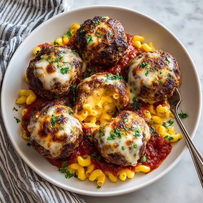 Mac and cheese stuffed meatballs plated with marinara sauce, perfect for a cozy weeknight dinner.