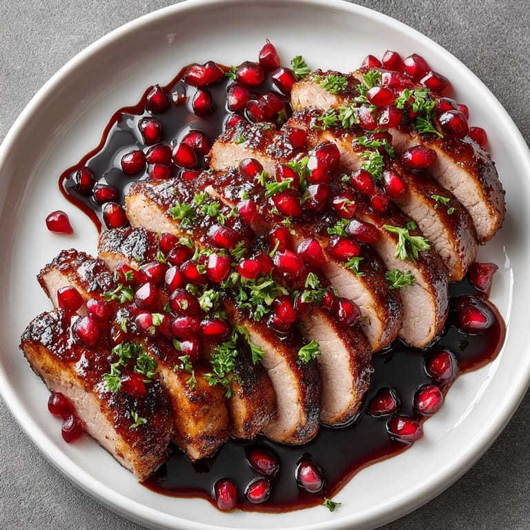 Succulent pork tenderloin with pomegranate glaze, perfect for holiday or family dinner tables.