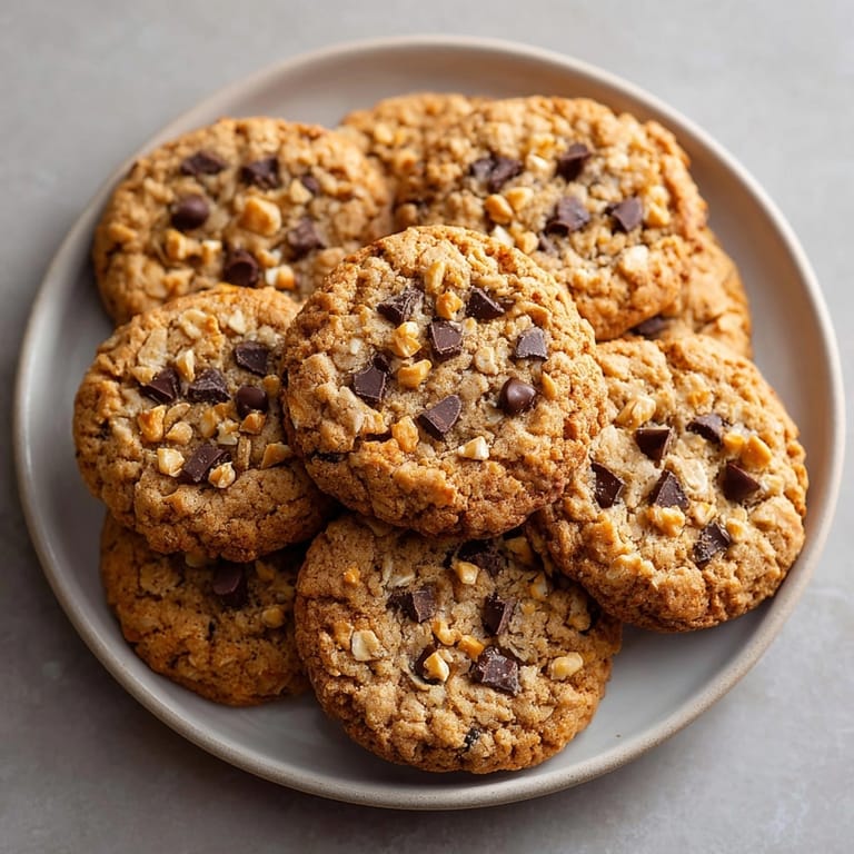 Close-up of soft peanut butter oatmeal cookies with chocolate chips, ready to enjoy with milk
