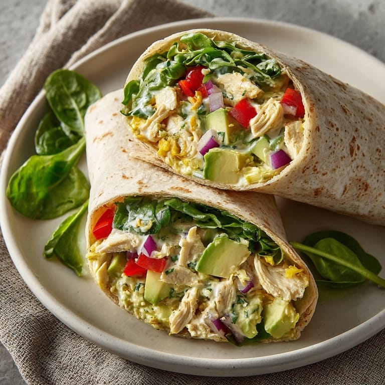 Handheld avocado chicken salad wrap bursting with colorful veggies, ready for a quick, healthy lunch.