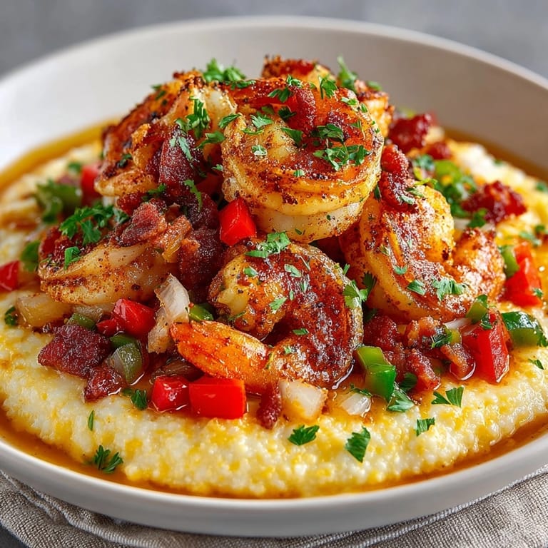 Close-up of Cajun Shrimp and Grits featuring succulent shrimp in a smoky, colorful sauce over grits.