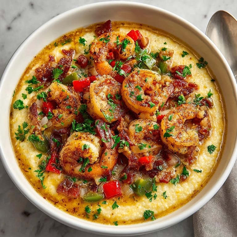 Southern-style Cajun Shrimp and Grits garnished with crisp bacon and fresh parsley, ready to eat.