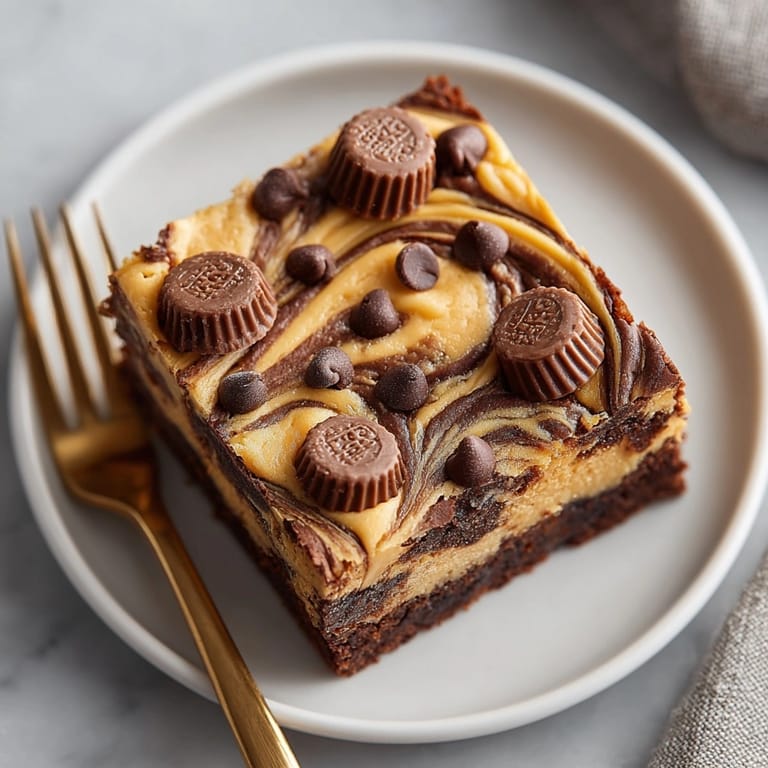 Closeup of decadent Peanut Butter Cup Brownies showing thick chocolate layers and golden peanut butter swirls, ready to serve.