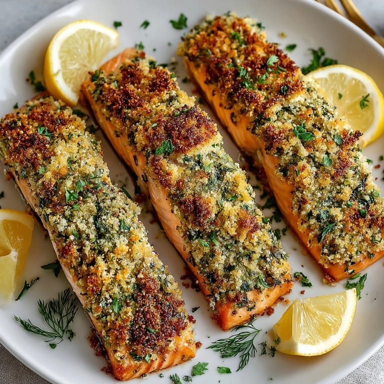 Close-up of flaky Garlic Butter Herb Crusted Salmon showing savory herb crust and vibrant lemon wedges.