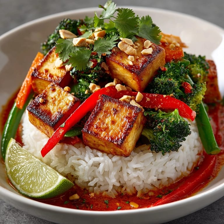 Steaming Thai Curry Coconut Rice Bowl with creamy sauce, crisp veggies, and peanuts ready to eat.
