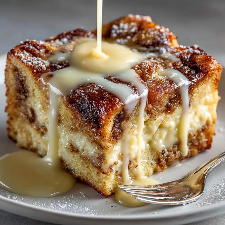 Warm cinnamon roll bread pudding glistens beneath a silky homemade vanilla sauce in this comforting treat.