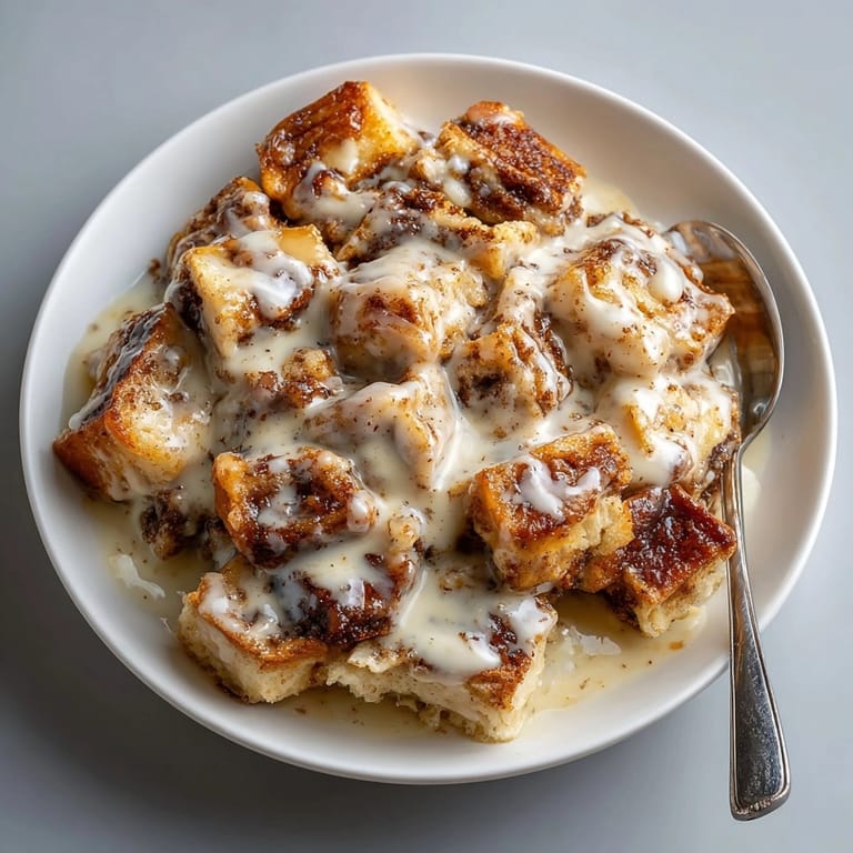 Decadent cinnamon roll bread pudding bathed in vanilla sauce, garnished for a cozy American dessert moment.