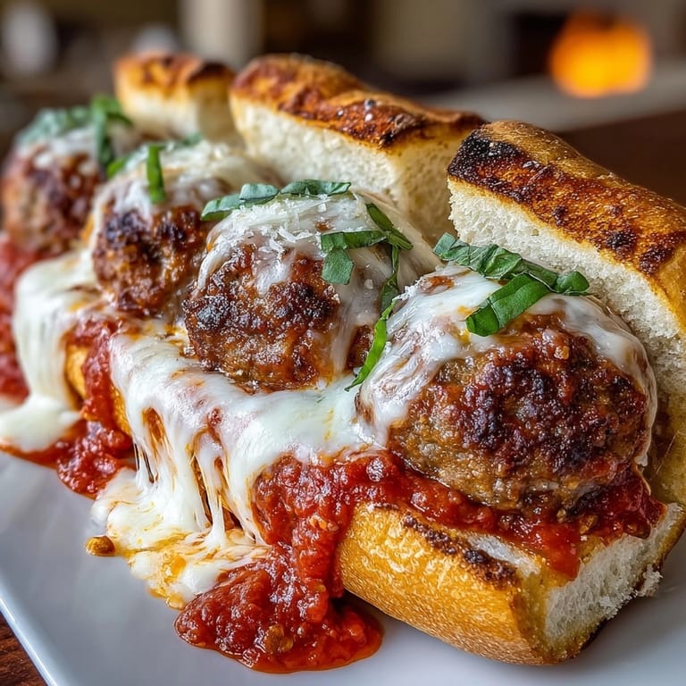 Hearty stuffed cheese meatball subs oozing mozzarella, garnished with basil and perfect for dinner.