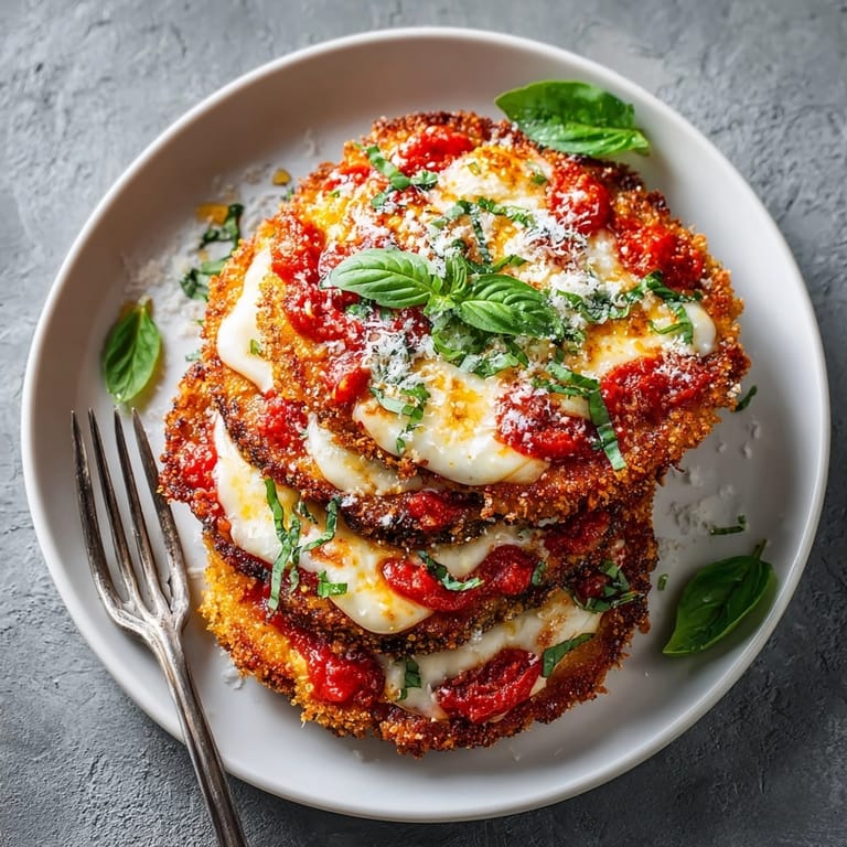 Classic Italian-American eggplant Parmesan showing stacked slices in a casserole, ideal for family dinners.