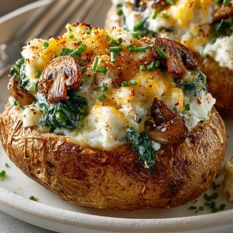 Creamy baked potatoes filled with spinach, melted cheese, and sautéed mushrooms for a hearty side.