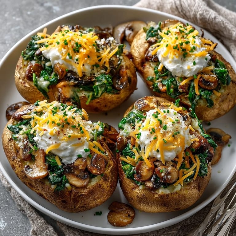 Twice-baked Baked Potatoes with Spinach, Cheese, and Mushrooms, bursting with savory, cheesy flavor.