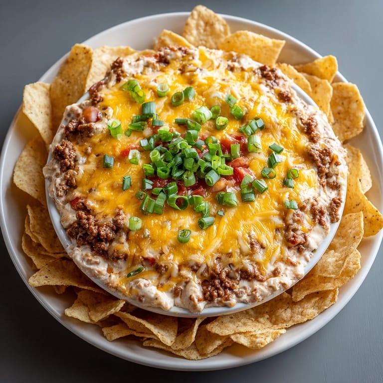 Hearty Meaty Texas Trash Dip in a baking dish, ready to scoop and share at gatherings.