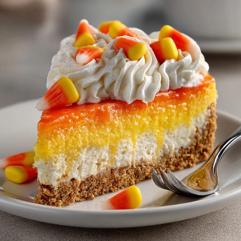 Festive Candy Corn Cheesecake with perfectly defined layers and candy corn decorations.