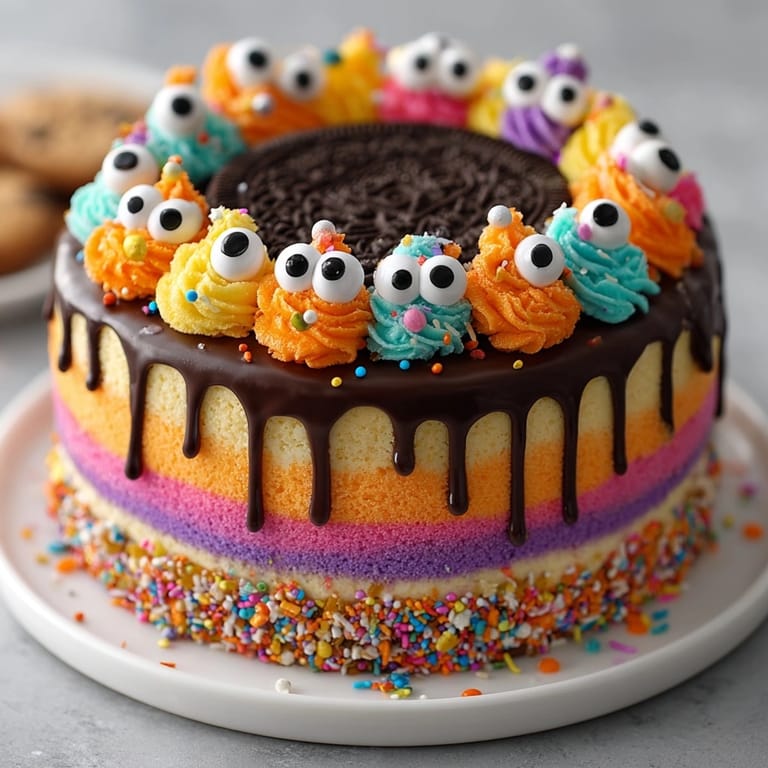 Homemade Neon Monster Drip Layer Cake, swirled with colorful buttercream, ready to slice.