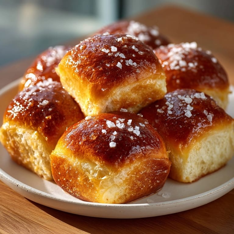 Fluffy, buttery Salted Honey Butter Parker House Rolls glistening with flaky sea salt.