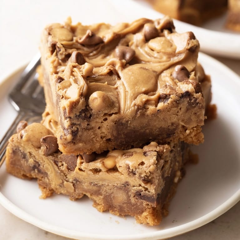 Close-up of Peanut Butter Toffee Blondies showing layers of peanut butter, toffee, and chocolate.